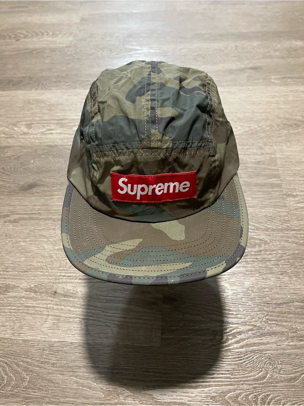 Supreme Olive Camo Camp Cap with Red Box Logo Have Small Flawed